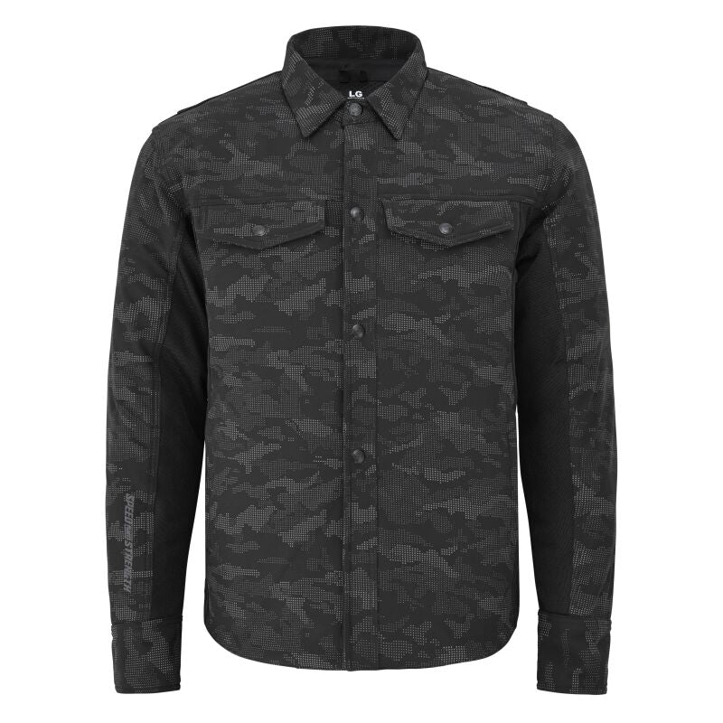 Speed and Strength True Grit Mesh Moto Shirt in reflective camo and black, size 3XL, featuring mesh fabric and moto-inspired style.