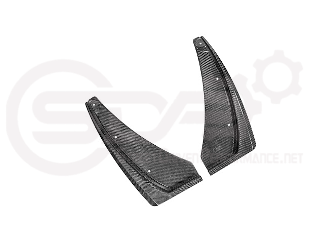 Pair of black carbon fiber mud flaps for 2022-up Cadillac CT5-V Blackwing, featuring sleek splash guards from Street Driven Performance.