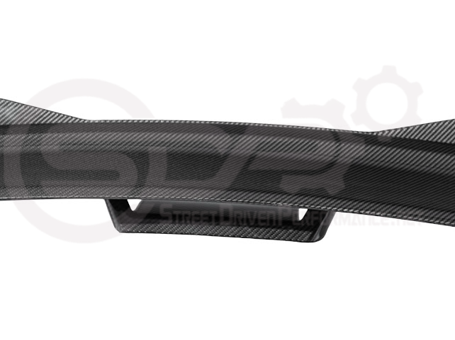 Ford Mustang Dark Horse style carbon fiber rear wickerbill spoiler wing, sleek aerodynamic design for 2015-2023 models.