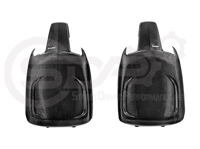 Pair of black carbon fiber seat back panels for Cadillac CT5-V and CT5-V Blackwing, driver and passenger side interior trim.