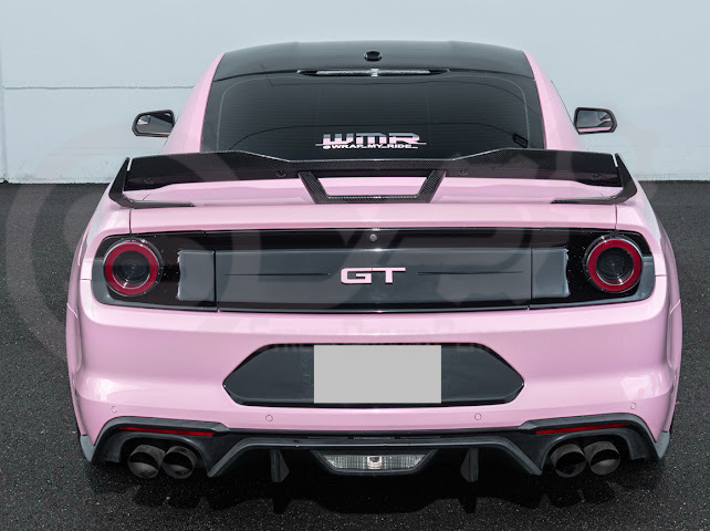 Dark Horse style carbon fiber rear wickerbill spoiler wing for 2015-2023 Ford Mustang, designed for sporty aerodynamic enhancement.