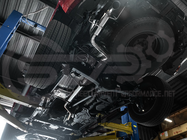 Toyota 4Runner 2025-up cat-back exhaust system by Street Driven Performance with chrome or burnt blue tips, shown with turn down design.