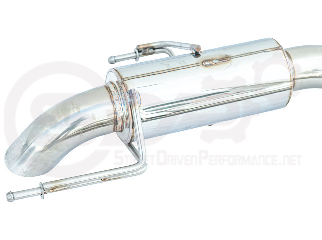Toyota 4Runner 2025-up cat-back exhaust system by Street Driven Performance with chrome or burnt blue tips, showing the turn down exhaust tip.