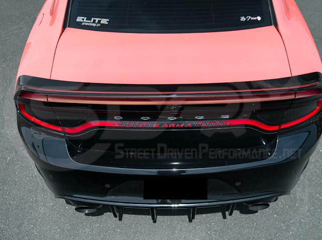 Dodge Charger SRT Hellcat Redeye style rear trunk wing spoiler in matte or gloss black with wickerbill design for sporty look.