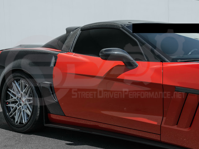 Set of four dry carbon fiber side mirror cap covers for 2005-2013 Chevy Corvette C6, tape-on installation, by Street Driven Performance.