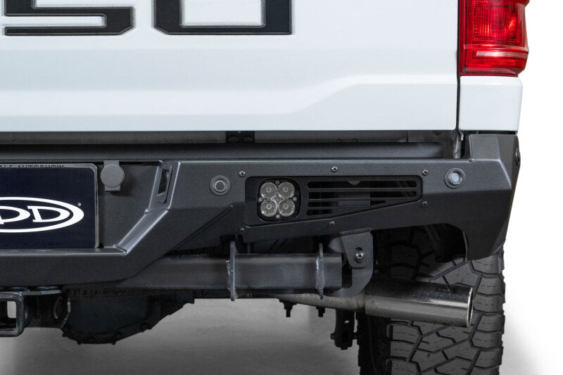 Addictive Desert Designs steel rear bumper for 2021-2023 Ford F-150 Bomber model, rugged off-road truck bumper.