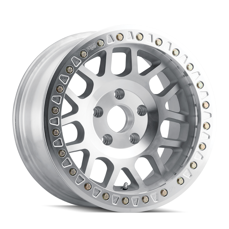 Dirty Life Mesa Race 17x9 cast wheel with beadlock, 5x127 bolt pattern, -38mm offset, 71.5mm hub, machined finish.