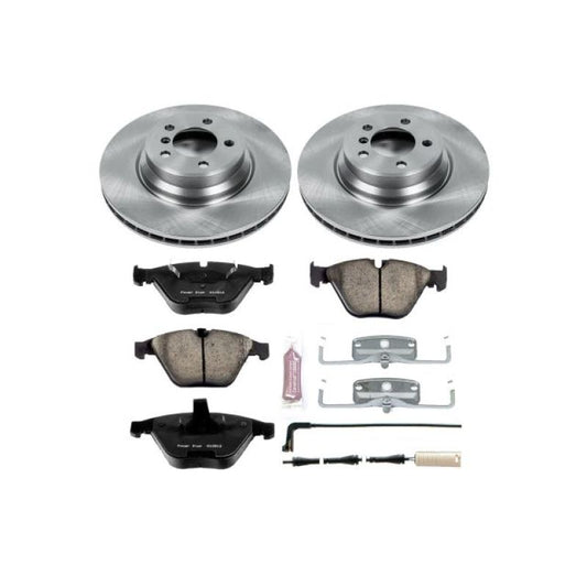 PowerStop OE front brake kit for BMW 745i (2002-2005) with brake rotors and pads, designed for optimal stopping power and performance.