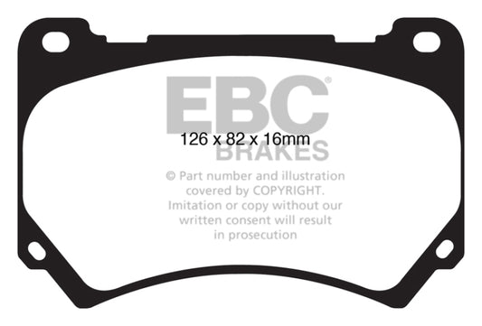 EBC 11+ Hyundai Equus 4.6 Greenstuff front brake pads, performance brake pads with green friction material for enhanced stopping power.