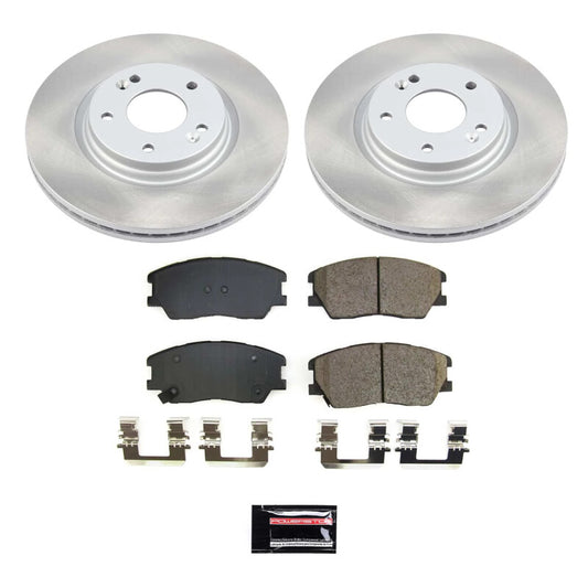 PowerStop performance semi-coated front brake rotor kit for 2020-2021 Kia Soul, showing the semi-coated brake rotors and hardware.