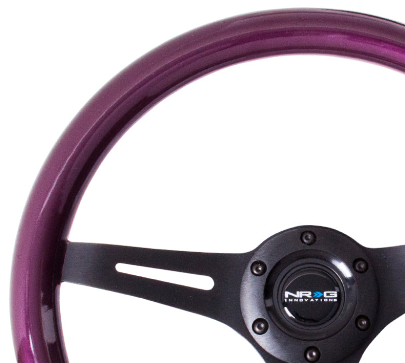 NRG Classic 350mm wood grain steering wheel with purple pearl flake paint and black 3-spoke center, designed for car interiors.