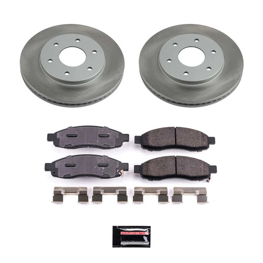 PowerStop front semi-coated rotor kit for 2004-2005 Nissan Titan, performance brake kit with semi-coated rotors and hardware.