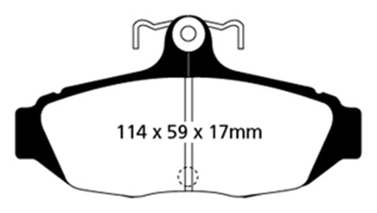 EBC Redstuff rear brake pads for 1987-1993 Ford Mustang 5.0 performance brake system, showing red brake pad material and backing plates.