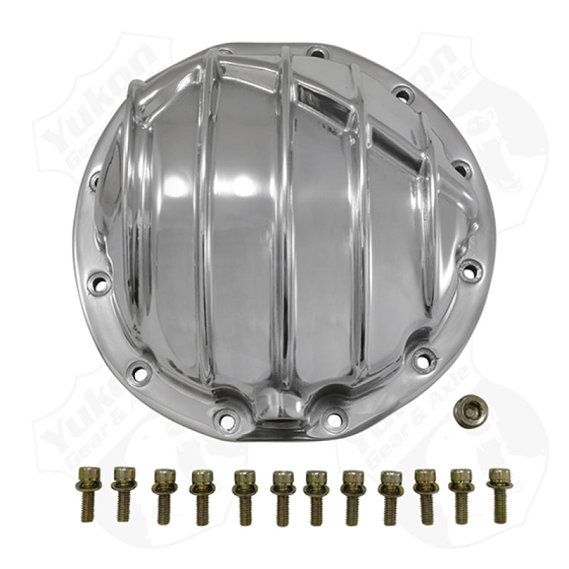 Polished aluminum Yukon Gear GM 12 Bolt differential cover, durable car diff cover with a sleek finish.