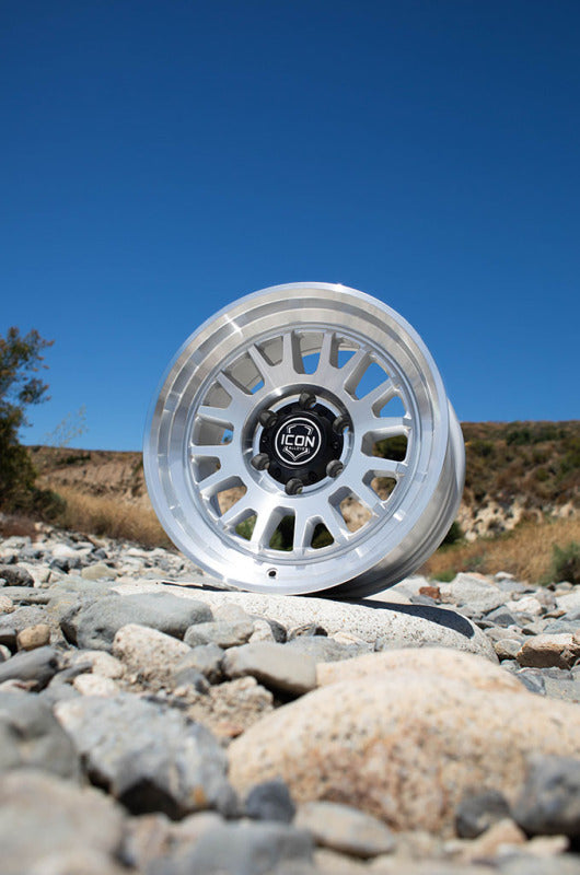 ICON Anza 17x8.5 silver machined cast wheel with 5x150 bolt pattern and 25mm offset, featuring 5.75-inch backspacing.