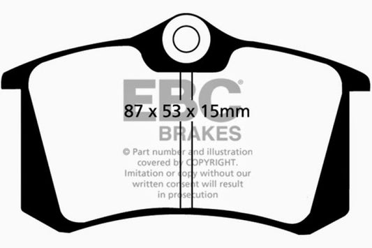 EBC Redstuff rear brake pads for Audi A3 2.0 TDI, performance brake pads with red friction material and metal backing plate.