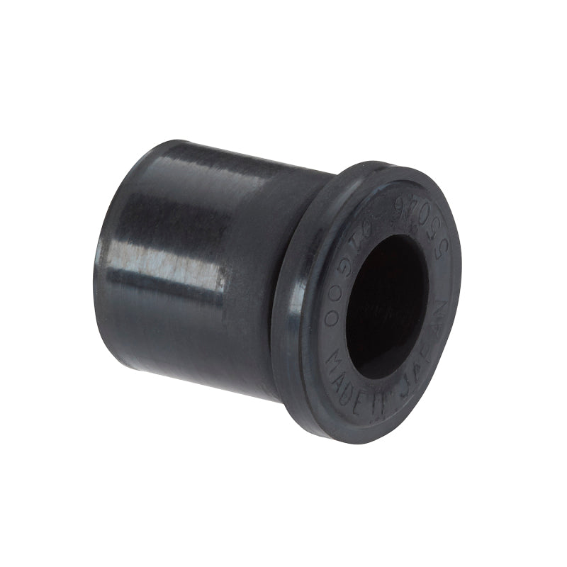 Moog rear lower and upper leaf spring bushings for Nissan Pickup 1995-1997, close-up of rubber bushings on leaf springs.