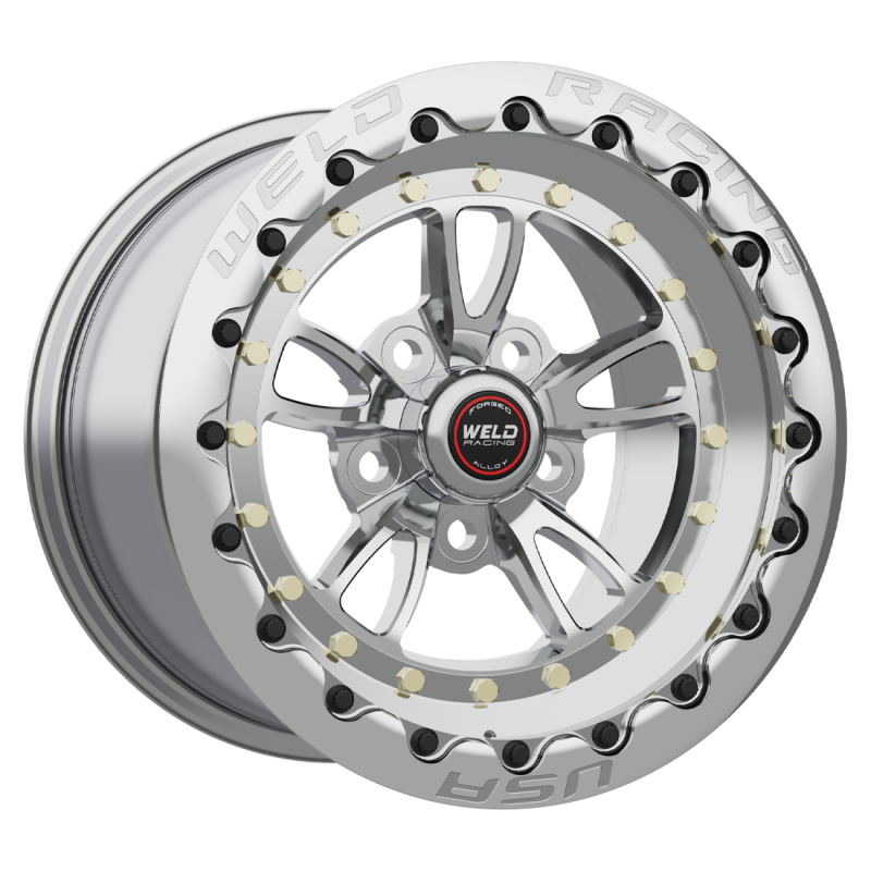 Polished Weld Full Throttle Beadlock Forged Wheel, 15x8 inch, 5x4.75 bolt pattern, with shell and center polishing details.