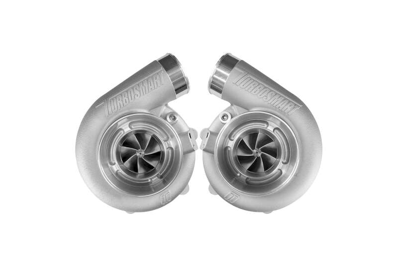 Turbosmart V-Band 0.82AR water-cooled twin turbochargers for high-performance automotive applications, featuring mirror twin turbo design.