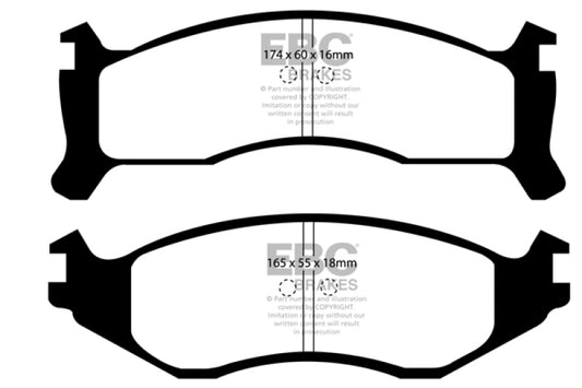 EBC Redstuff performance front brake pads for Chrysler Fifth Avenue 3.8 model, showing the red brake pad material and metal backing