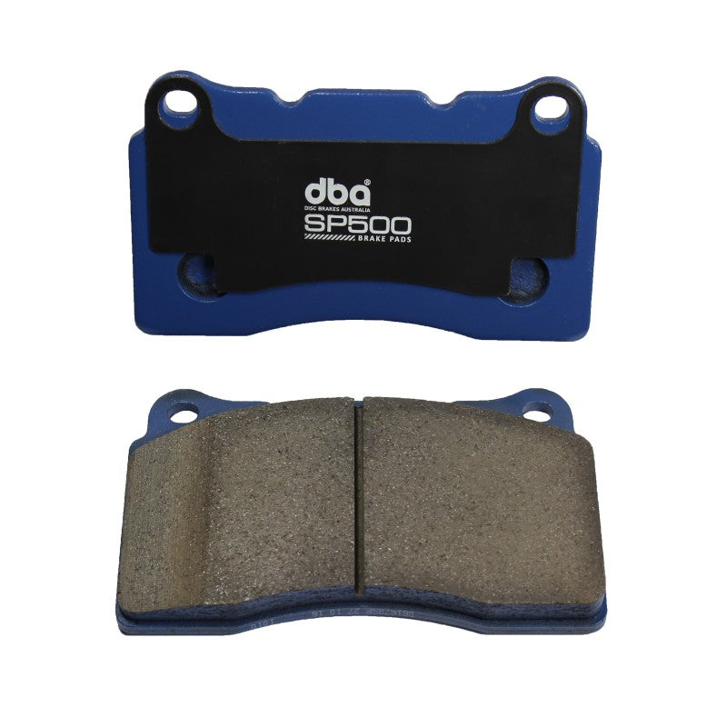 DBA performance rear brake pads for Subaru EVO, STI, Nissan 350Z, G35 with Brembo SP500, shown in black with mounting hardware.