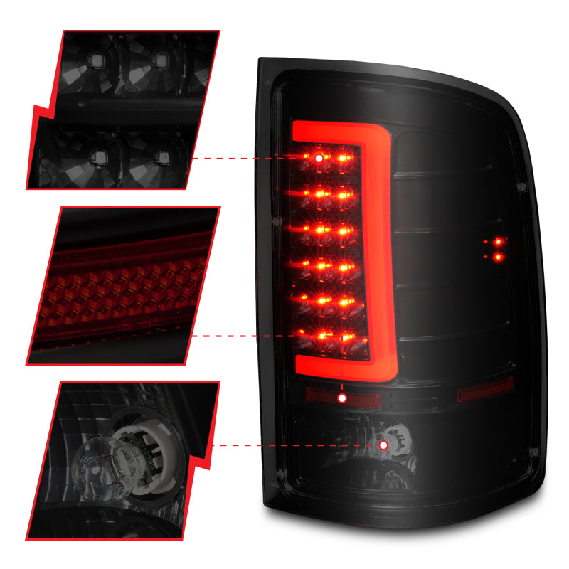 ANZO LED tail lights for 2007-2013 GMC Sierra with black housing and smoke lens, featuring integrated light bar for enhanced visibility.