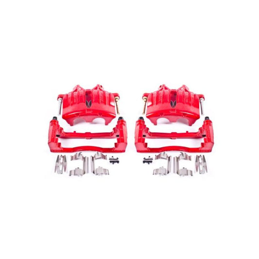 Pair of PowerStop front red brake calipers with brackets for 2004-2005 Buick Rainier, performance disc brake calipers.