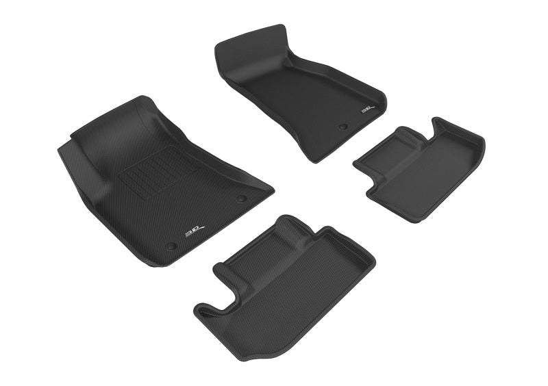 3D MAXpider black rubber floor mats for 2011-2014 Dodge Challenger, full set with textured surface and custom fit.