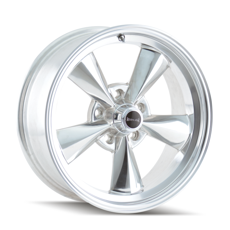 Polished Ridler 675 15x8 cast wheel with 5x114.3 bolt pattern, -12mm offset, 83.82mm hub bore, for cars.