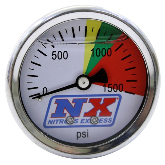 Nitrous Express pressure gauge showing 0-1500 PSI for nitrous oxide systems, with a black face and clear dial.