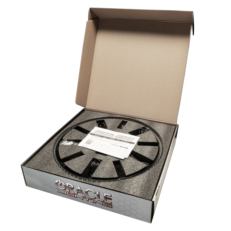 Oracle Lighting LED illuminated wheel rings with ColorSHIFT technology, no remote, showcasing vibrant, multi-color light strip in a vehicle wheel