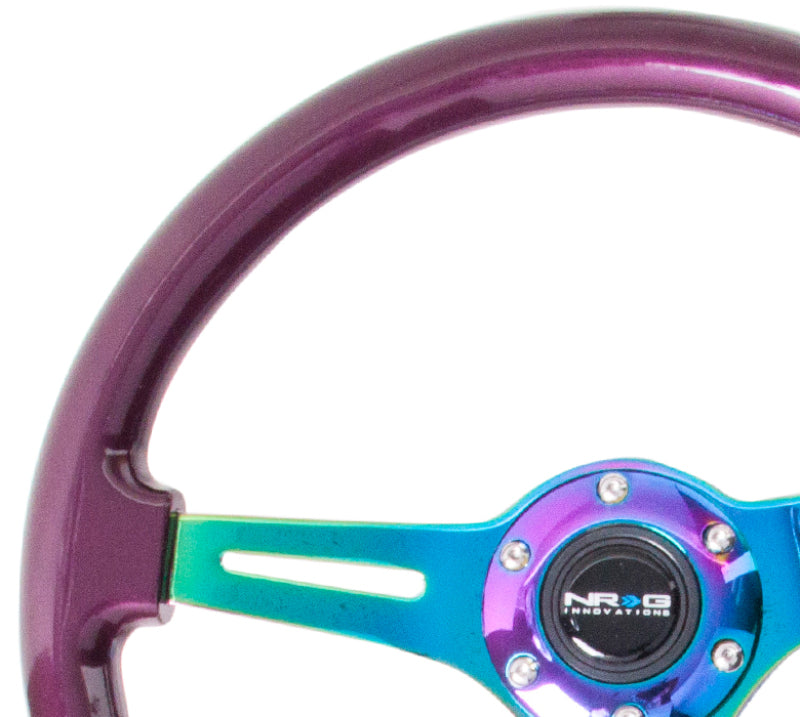 NRG Classic wood grain steering wheel with purple pearl paint and neochrome 3-spoke center, 350mm diameter for racing cars