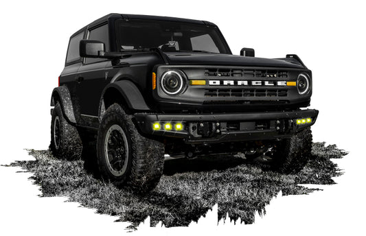 Oracle Lighting 21-22 Ford Bronco triple LED fog light kit with yellow lights, designed for steel bumpers on off-road vehicles.