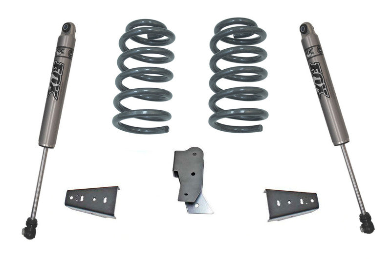 MaxTrac 3-inch rear lift box kit with Fox shocks installed on a Dodge RAM 1500 2009-2018, showcasing the lift components and shocks.