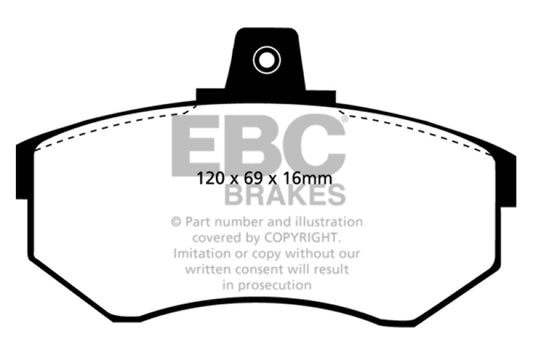 EBC Redstuff front brake pads for Audi 5000 2.1 Turbo, performance brake pads with red friction material and mounting hardware.