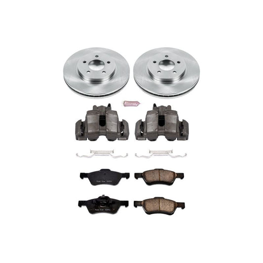 PowerStop OE front brake kit with calipers installed on a Ford Escape, featuring brake rotors and components for vehicle stopping power.