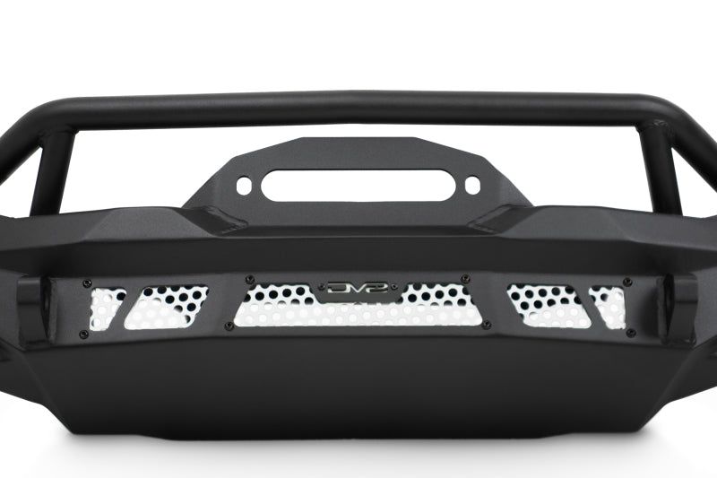 DV8 Offroad steel front bumper for Jeep Wrangler JK, JL, and Gladiator JT, rugged off-road steel bumper with mounting points.