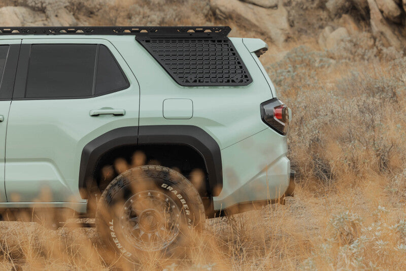 DV8 Offroad Toyota 4Runner exterior window Molle panel for DV8 roof rack, driver side, mounted on vehicle window area.