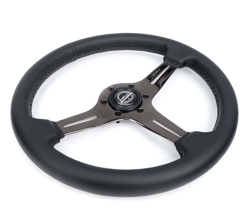 NRG lightweight gaming steering wheel with black chrome spokes, perforated leather, 350mm size, featuring quick release adapter.
