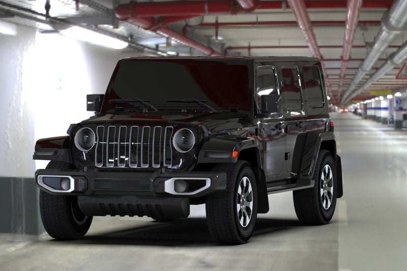 Rally Armor black Jeep JL Wrangler mud flaps with blue logo, designed to protect wheels and enhance off-road style.