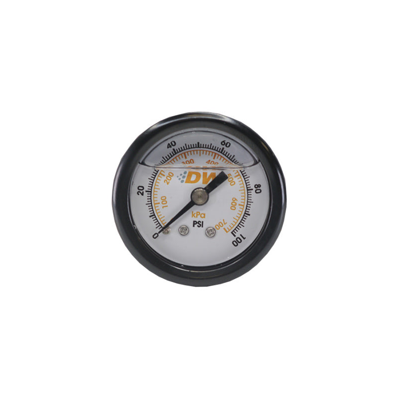 DeatschWerks 1.5-inch black mechanical fuel pressure gauge with 0-100 PSI range and 1/8 inch NPT connection.