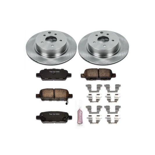 PowerStop OE rear brake kit for Infiniti EX35 2008-2012, including brake pads and rotors, installed on vehicle.