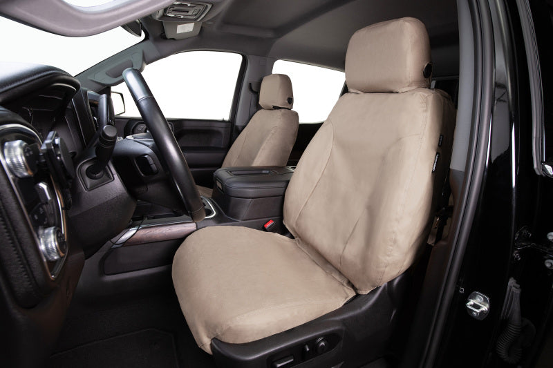 Covercraft Taupe third row seat covers for Ford Transit 2019-2023, custom polycotton material protecting vehicle seats.