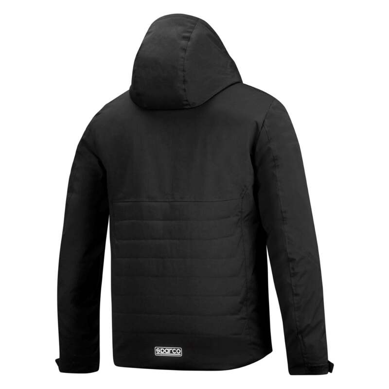 Black Sparco winter jacket in XXL, textile material, with a front zipper and hood, suitable for cold weather.