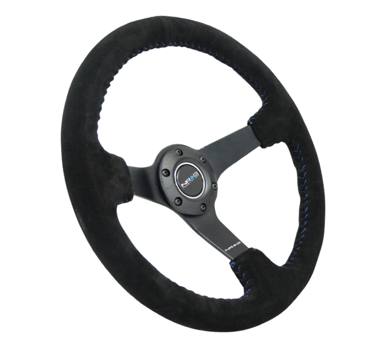 NRG reinforced steering wheel, 350mm black suede with blue basketball stitch, 3-inch deep dish, matte black spokes for racing cars