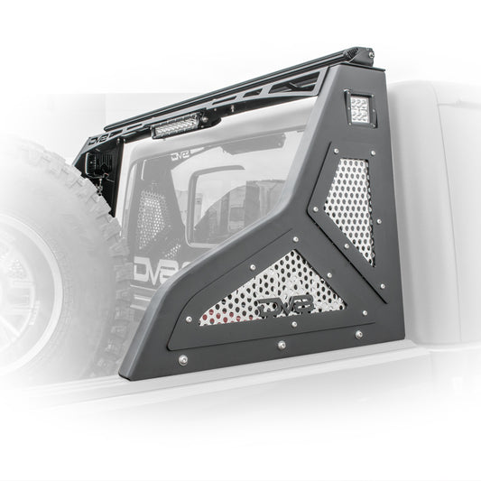 DV8 Offroad Jeep Gladiator chase rack installed on 2019+ model, durable steel offroad accessory with bolt-on design for added cargo security.