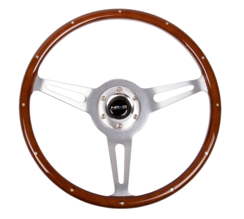 NRG Classic wood grain steering wheel with metal inserts, brushed aluminum center, 365mm diameter, 3-spoke design.