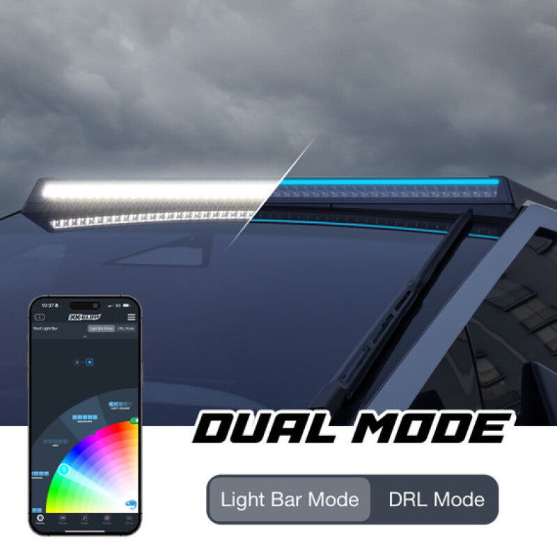 XKGLOW Tesla Cybertruck 50-inch LED off-road light bar with RGBW RGB chase DRL and app control mounted on vehicle roof.