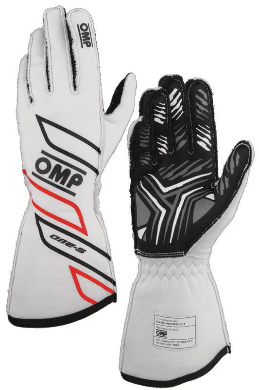 OMP ONE-S racing gloves in black, size XL, designed for FIA 8856-2018 standards, featuring durable construction and racing grip.