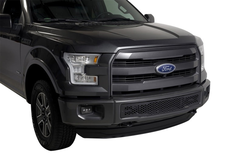 Putco stainless steel black punch design grille inserts for 2015-2017 Ford F-150 bumper, featuring a bold, textured pattern.